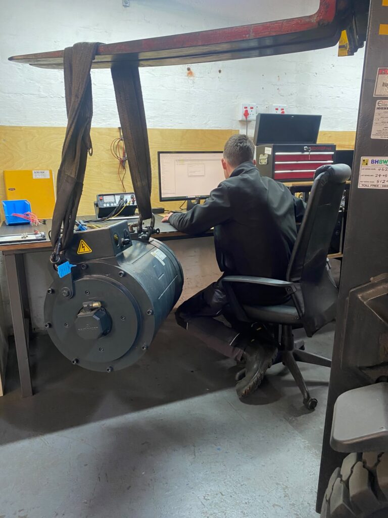 Baumüller servo motor on a test stand in the Motion Tronic workshop