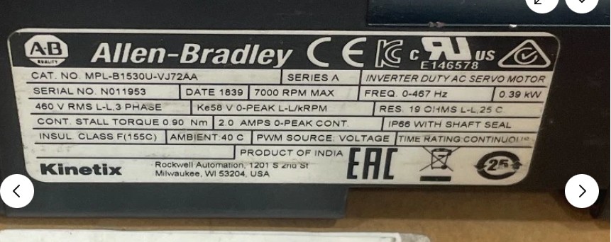 Allen-Bradley Kinetix servo motor nameplate